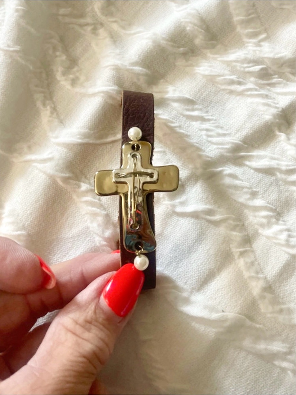 Brown Leather Bracelet with Gold Cross and Pearl Accents